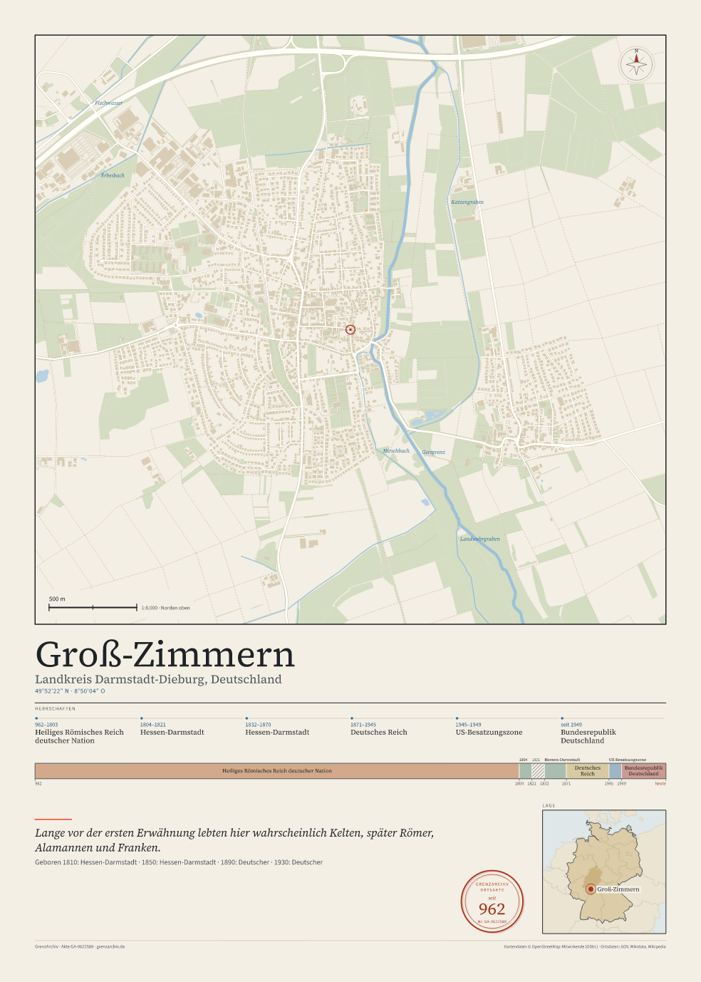 Vorschau des Kartenblatts von Groß-Zimmern: oben der Stadtplan, unten Ortsname, Koordinaten und die Herrschaften des Ortes