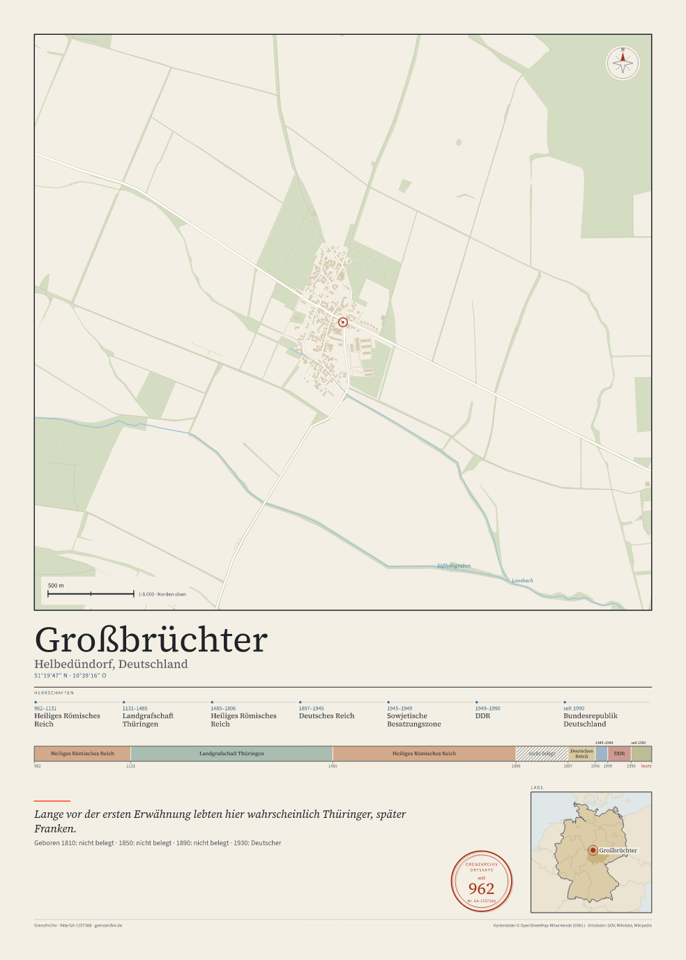 Vorschau des Kartenblatts von Großbrüchter: oben der Stadtplan, unten Ortsname, Koordinaten und die Herrschaften des Ortes