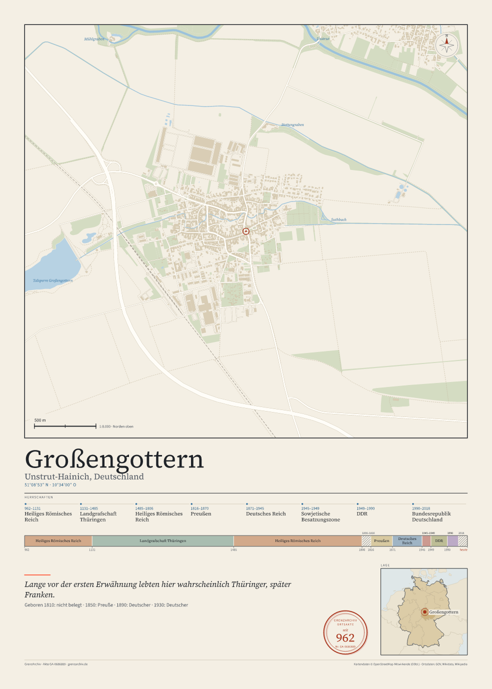 Vorschau des Kartenblatts von Großengottern: oben der Stadtplan, unten Ortsname, Koordinaten und die Herrschaften des Ortes