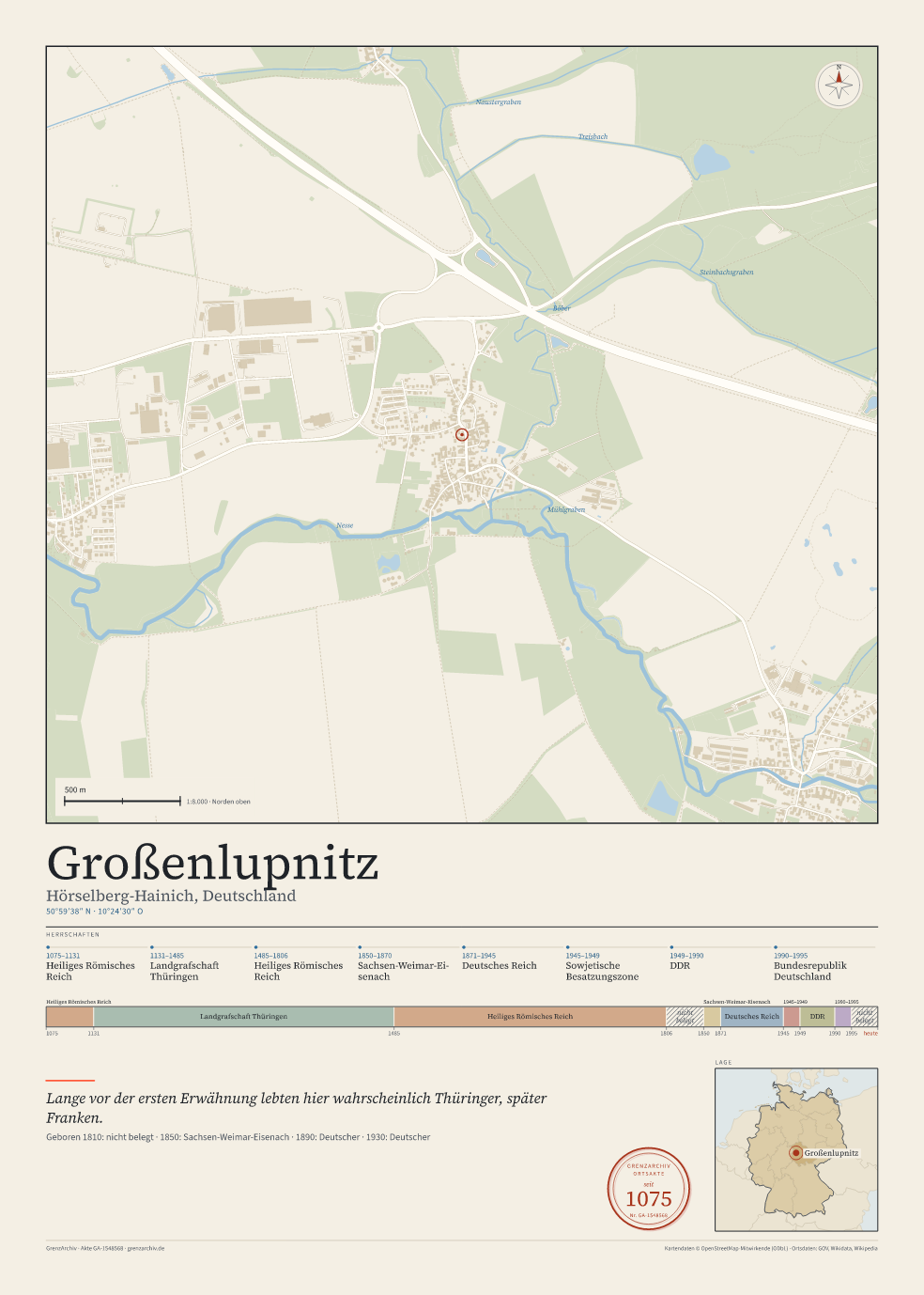 Vorschau des Kartenblatts von Großenlupnitz: oben der Stadtplan, unten Ortsname, Koordinaten und die Herrschaften des Ortes