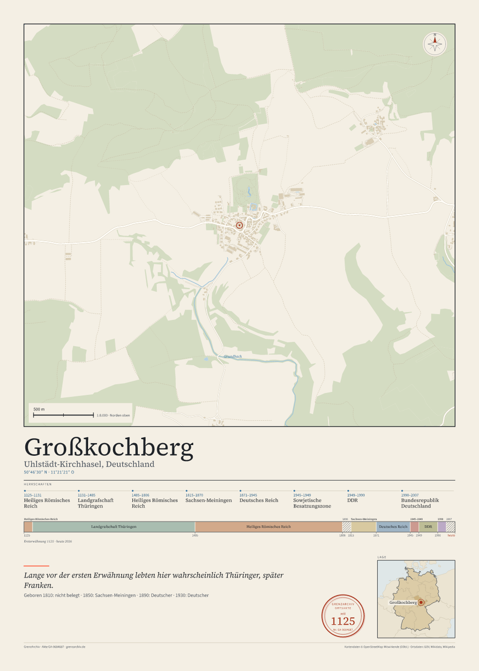 Vorschau des Kartenblatts von Großkochberg: oben der Stadtplan, unten Ortsname, Koordinaten und die Herrschaften des Ortes