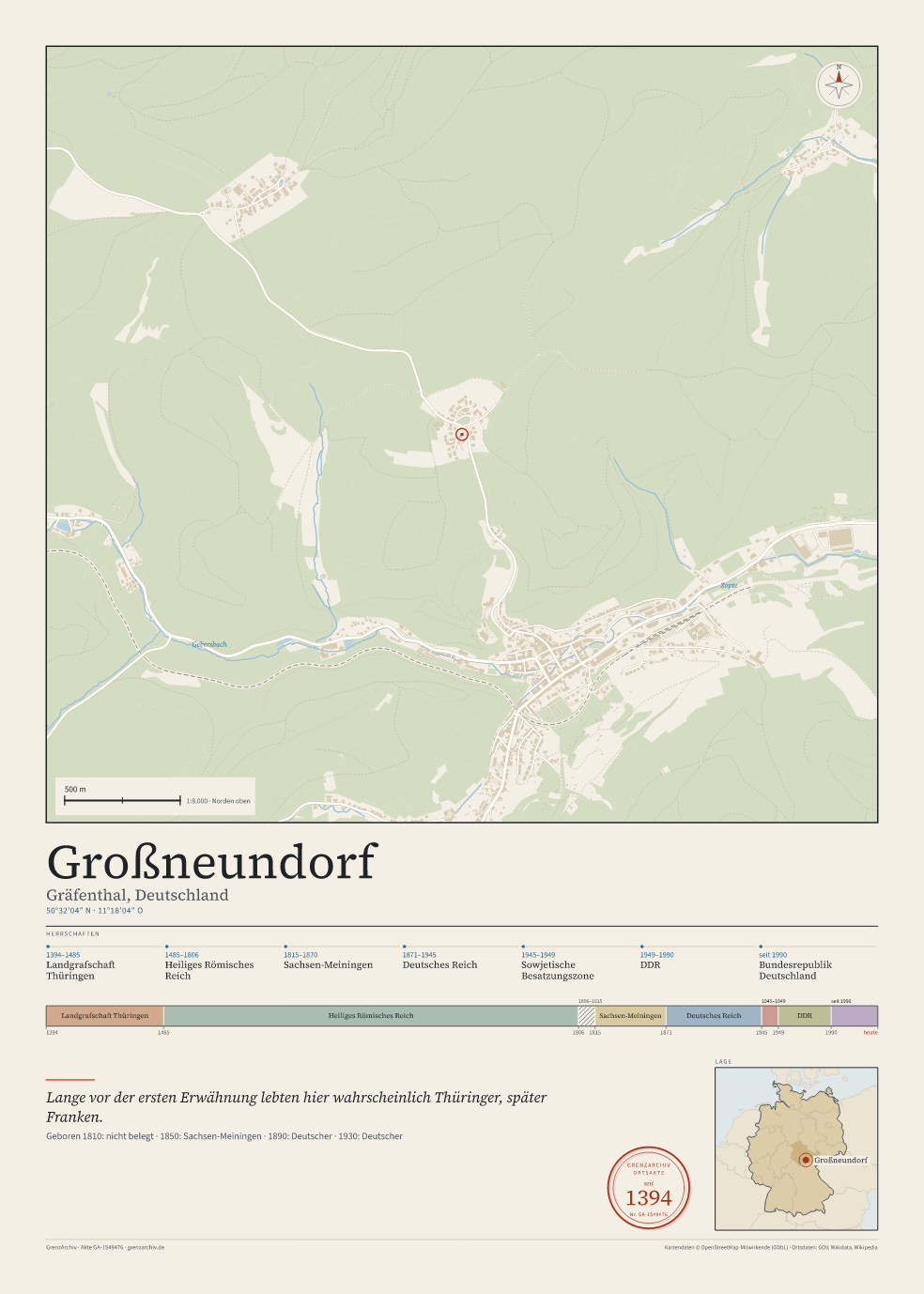 Vorschau des Kartenblatts von Großneundorf: oben der Stadtplan, unten Ortsname, Koordinaten und die Herrschaften des Ortes