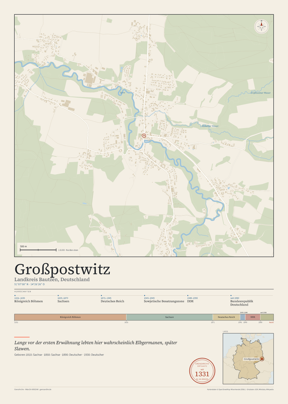 Vorschau des Kartenblatts von Großpostwitz: oben der Stadtplan, unten Ortsname, Koordinaten und die Herrschaften des Ortes