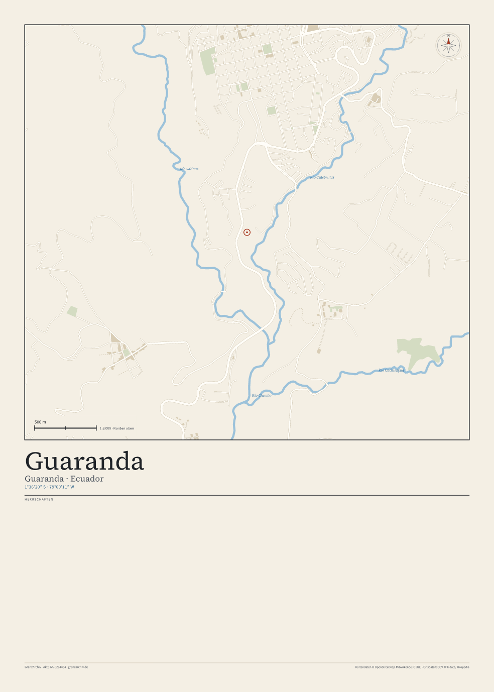 Vorschau des Kartenblatts von Guaranda: oben der Stadtplan, unten Ortsname, Koordinaten und die Herrschaften des Ortes
