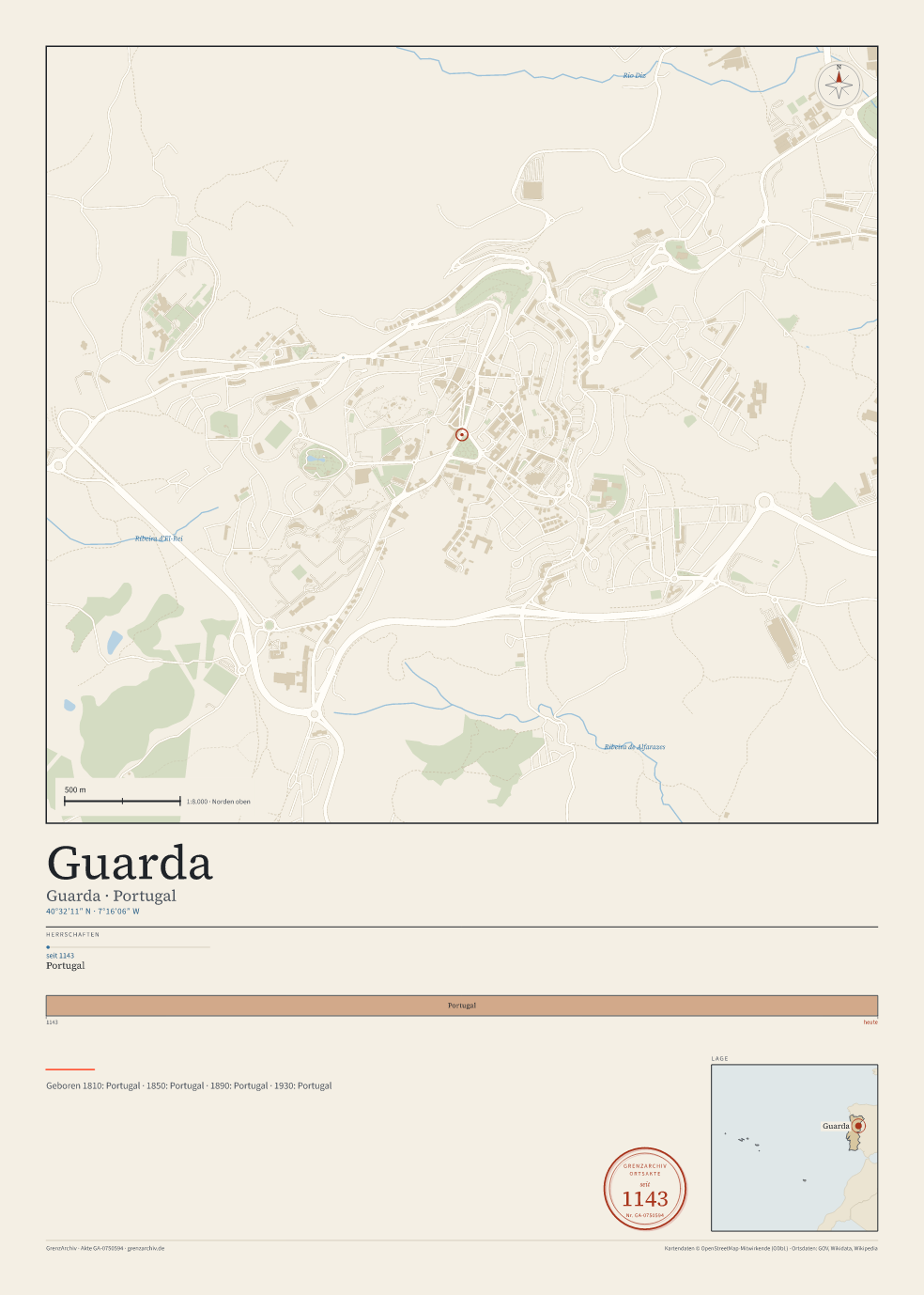 Vorschau des Kartenblatts von Guarda: oben der Stadtplan, unten Ortsname, Koordinaten und die Herrschaften des Ortes