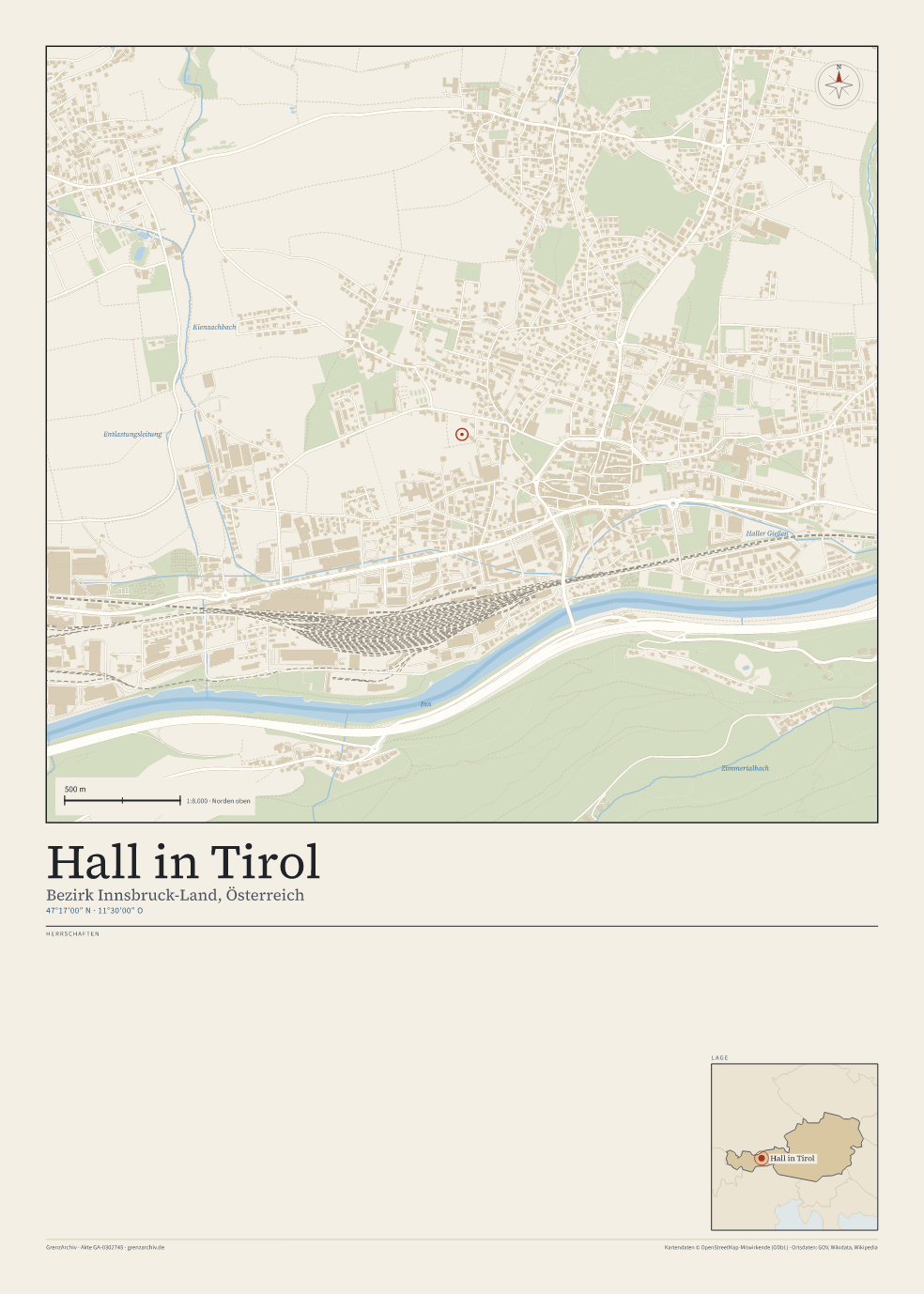 Vorschau des Kartenblatts von Hall in Tirol: oben der Stadtplan, unten Ortsname, Koordinaten und die Herrschaften des Ortes