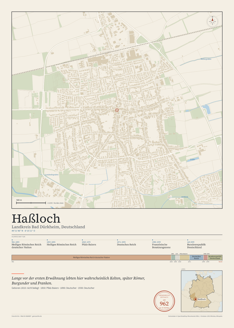 Vorschau des Kartenblatts von Haßloch: oben der Stadtplan, unten Ortsname, Koordinaten und die Herrschaften des Ortes