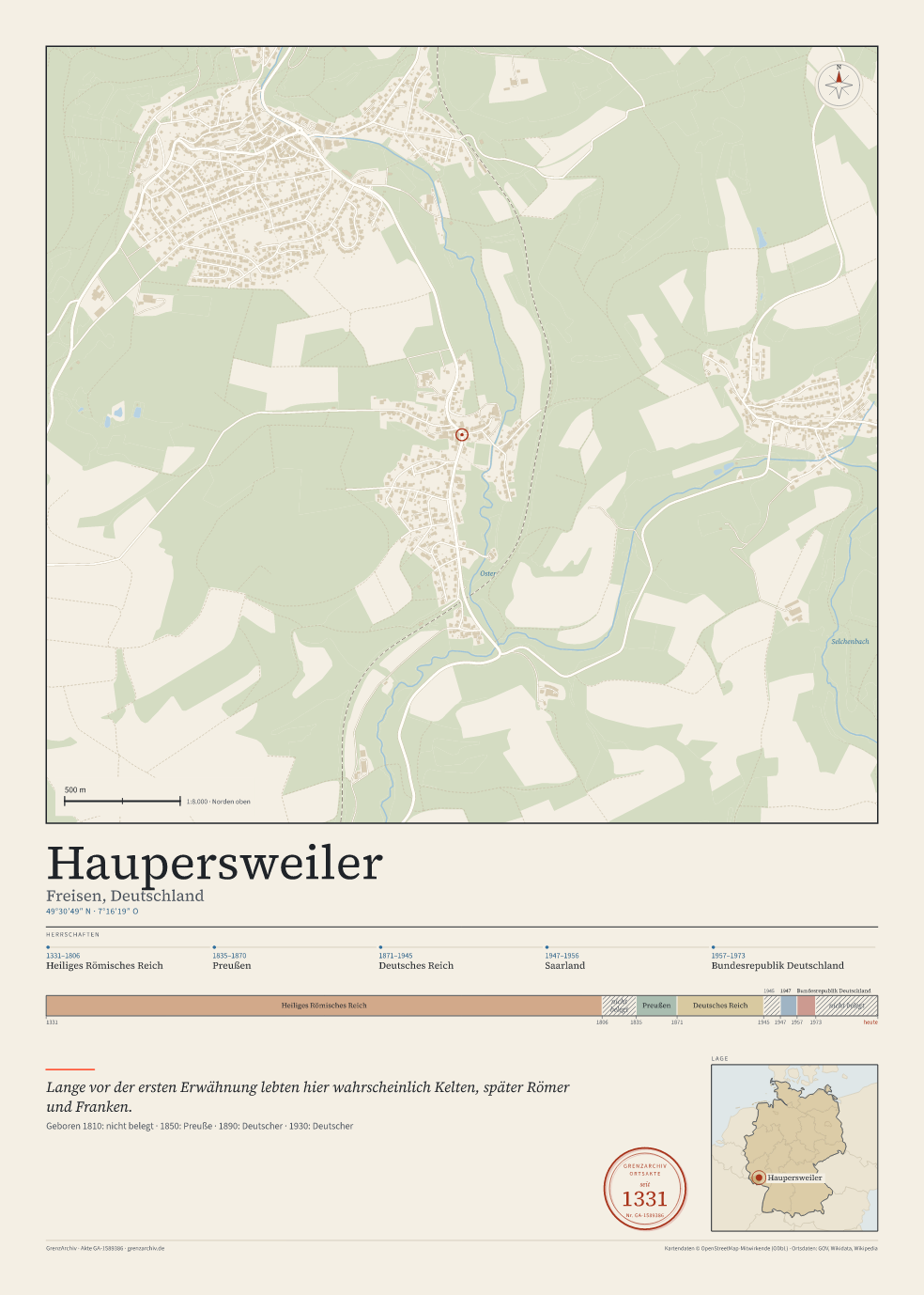 Vorschau des Kartenblatts von Haupersweiler: oben der Stadtplan, unten Ortsname, Koordinaten und die Herrschaften des Ortes