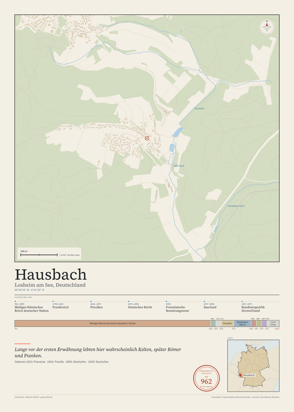 Vorschau des Kartenblatts von Hausbach: oben der Stadtplan, unten Ortsname, Koordinaten und die Herrschaften des Ortes