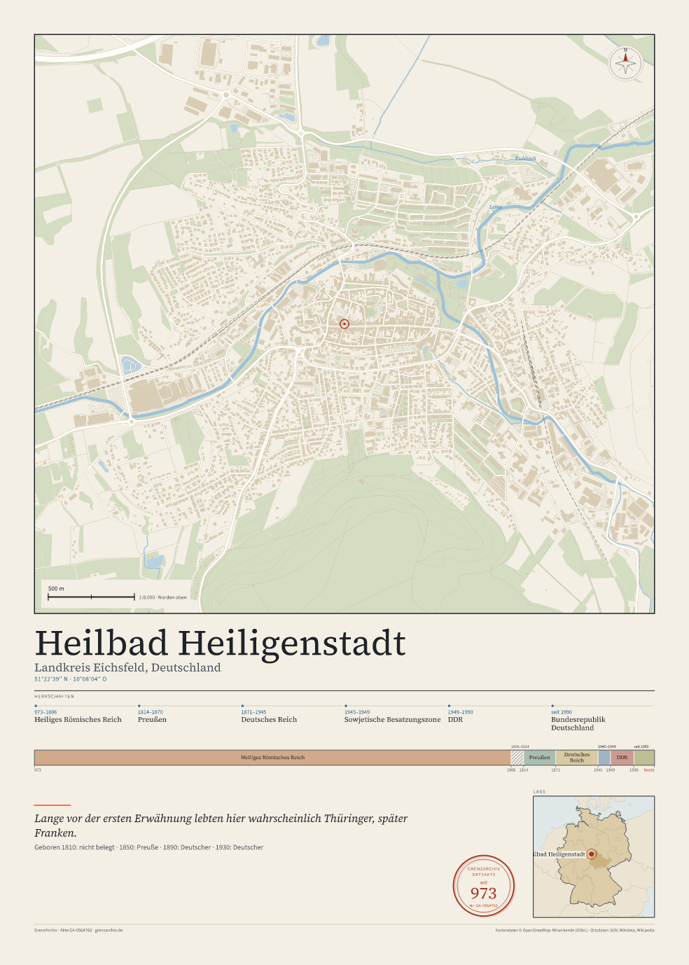 Vorschau des Kartenblatts von Heilbad Heiligenstadt: oben der Stadtplan, unten Ortsname, Koordinaten und die Herrschaften des Ortes