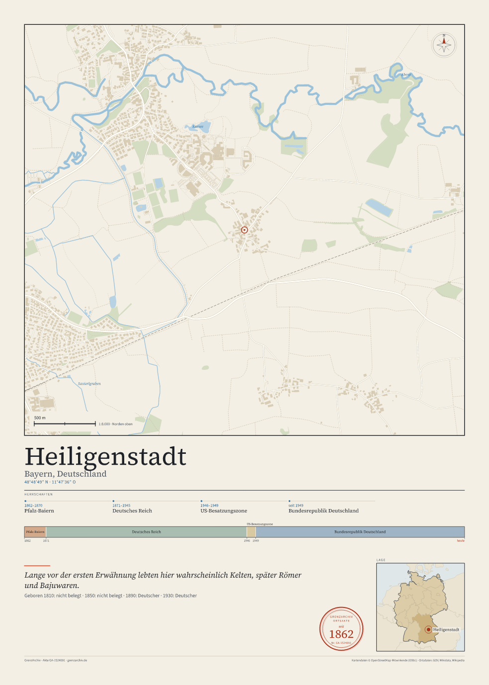 Vorschau des Kartenblatts von Heiligenstadt: oben der Stadtplan, unten Ortsname, Koordinaten und die Herrschaften des Ortes