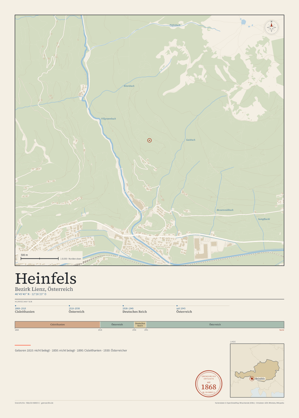 Vorschau des Kartenblatts von Heinfels: oben der Stadtplan, unten Ortsname, Koordinaten und die Herrschaften des Ortes
