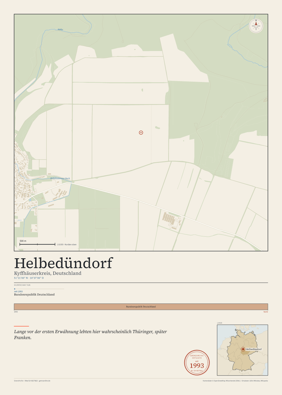 Vorschau des Kartenblatts von Helbedündorf: oben der Stadtplan, unten Ortsname, Koordinaten und die Herrschaften des Ortes