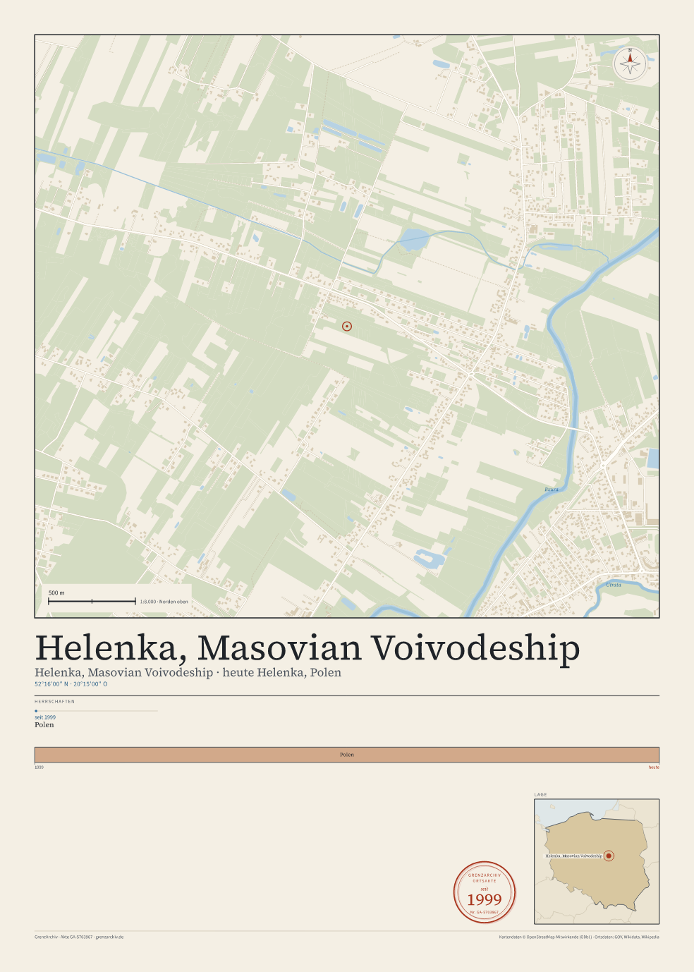 Vorschau des Kartenblatts von Helenka, Masovian Voivodeship: oben der Stadtplan, unten Ortsname, Koordinaten und die Herrschaften des Ortes