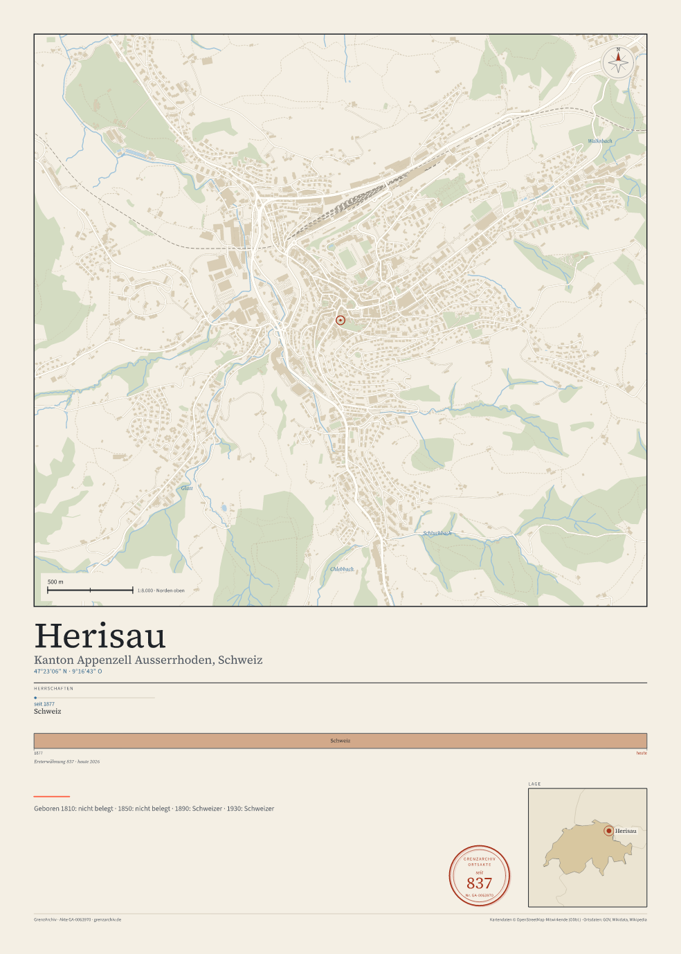 Vorschau des Kartenblatts von Herisau: oben der Stadtplan, unten Ortsname, Koordinaten und die Herrschaften des Ortes