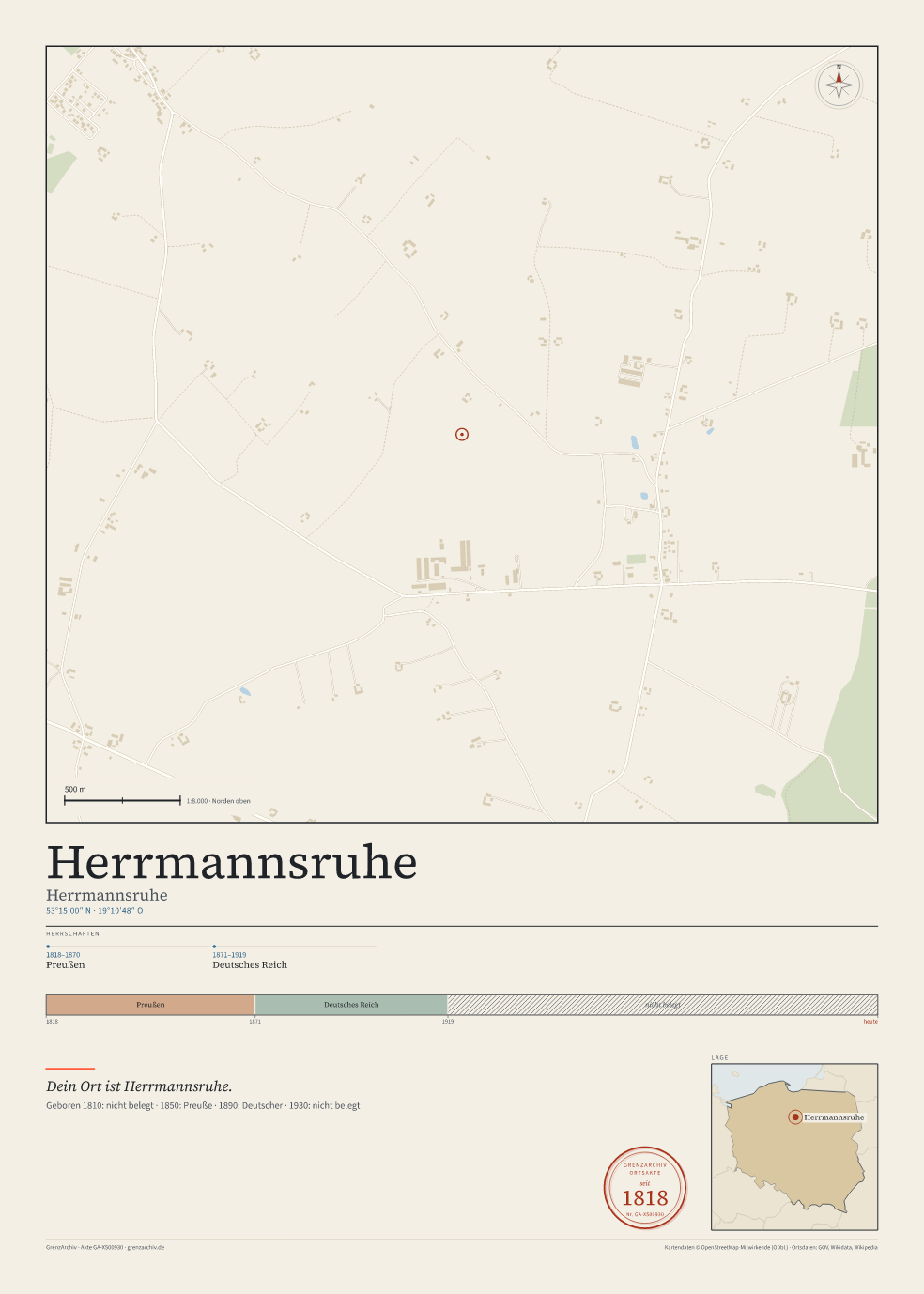 Vorschau des Kartenblatts von Herrmannsruhe: oben der Stadtplan, unten Ortsname, Koordinaten und die Herrschaften des Ortes