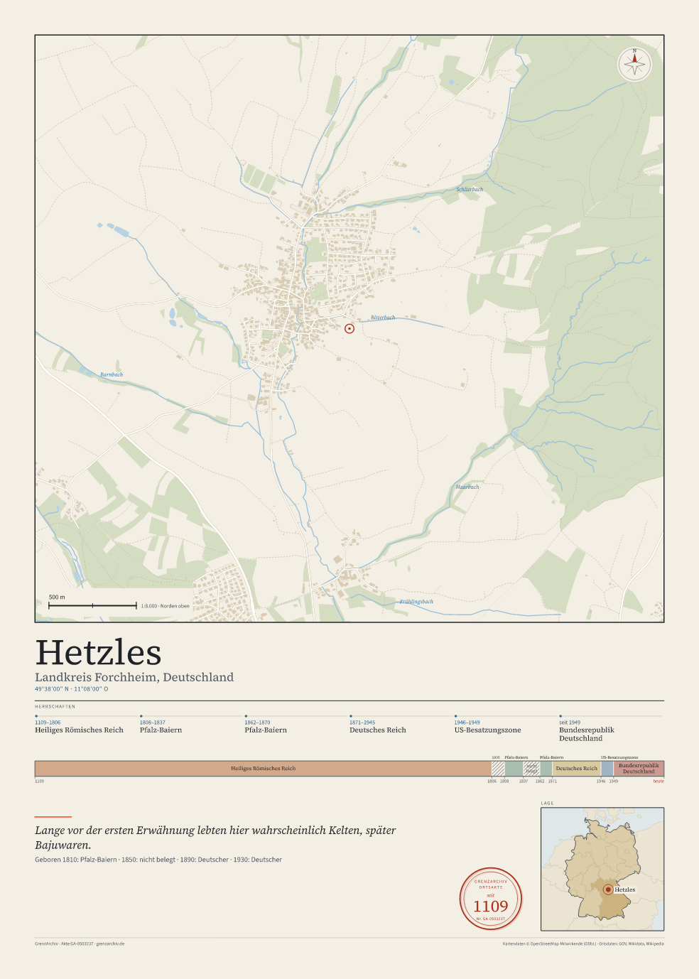 Vorschau des Kartenblatts von Hetzles: oben der Stadtplan, unten Ortsname, Koordinaten und die Herrschaften des Ortes