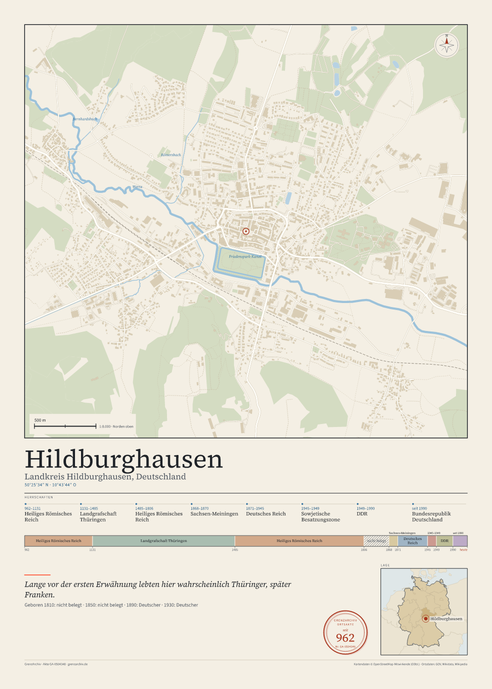 Vorschau des Kartenblatts von Hildburghausen: oben der Stadtplan, unten Ortsname, Koordinaten und die Herrschaften des Ortes