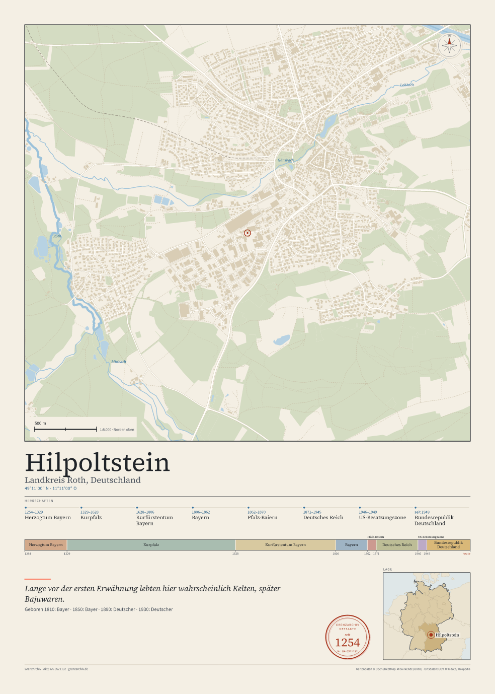 Vorschau des Kartenblatts von Hilpoltstein: oben der Stadtplan, unten Ortsname, Koordinaten und die Herrschaften des Ortes
