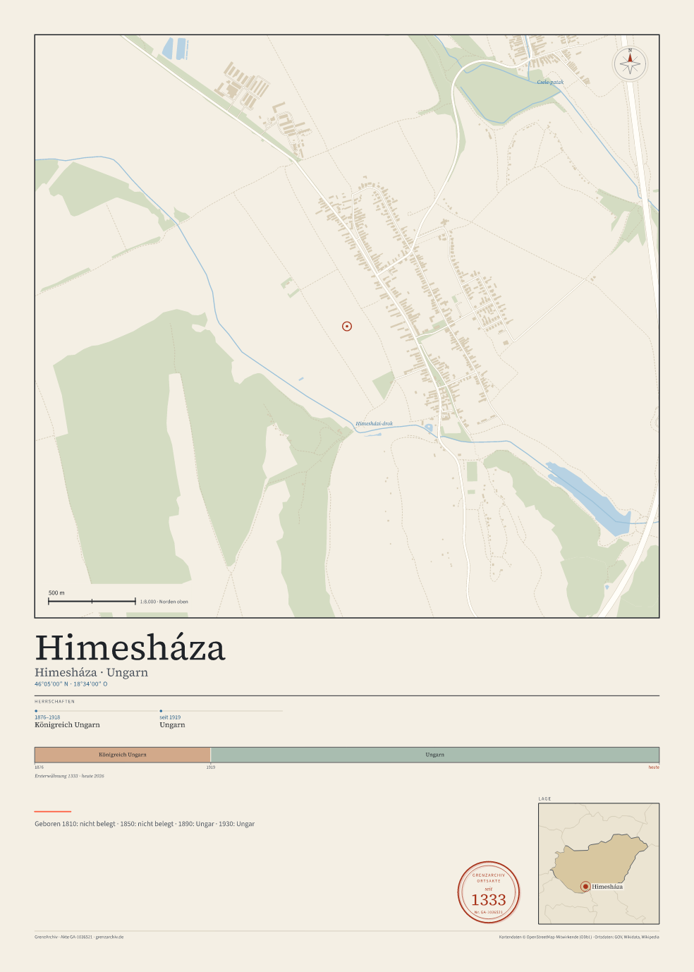 Vorschau des Kartenblatts von Himesháza: oben der Stadtplan, unten Ortsname, Koordinaten und die Herrschaften des Ortes