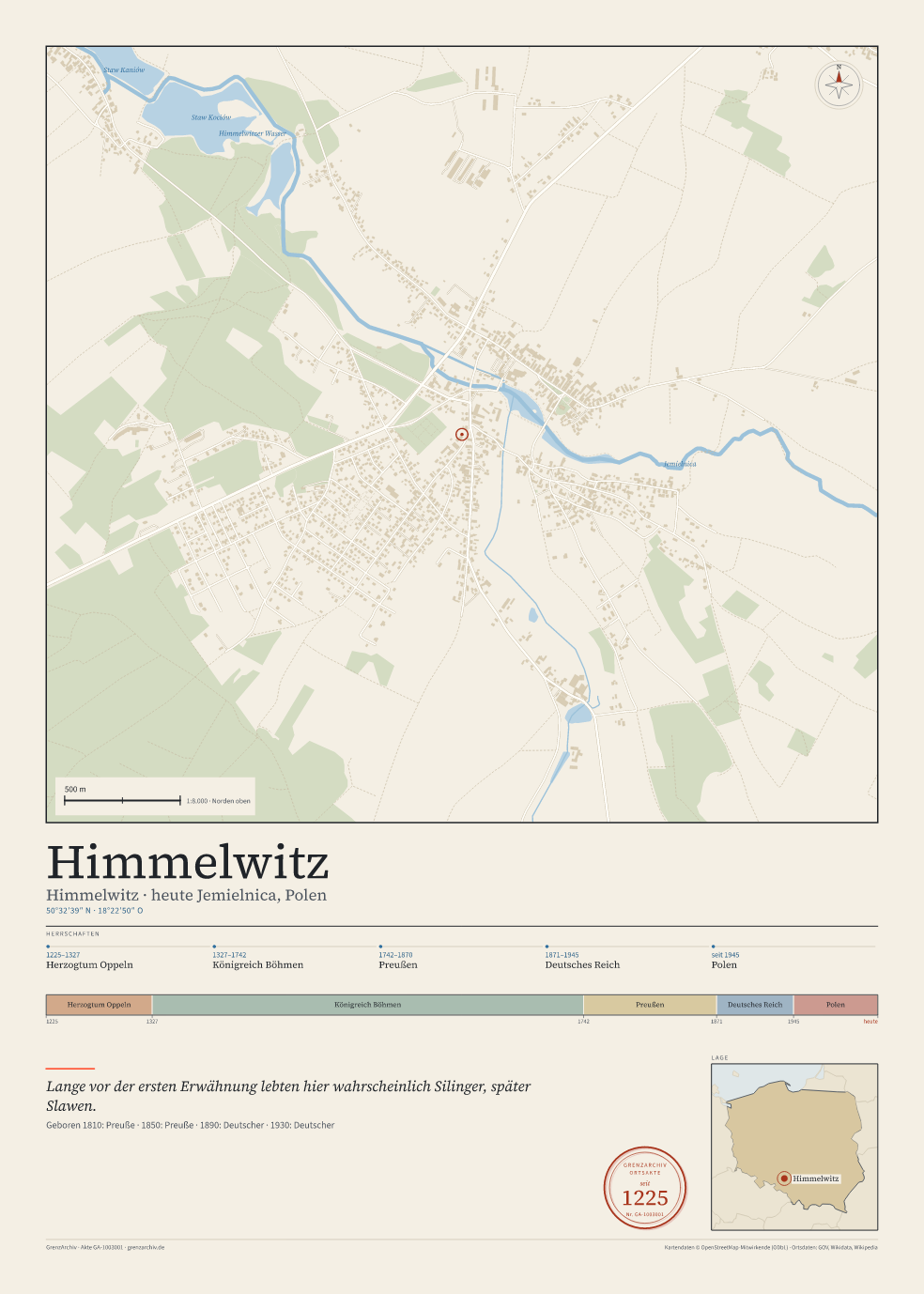Vorschau des Kartenblatts von Himmelwitz: oben der Stadtplan, unten Ortsname, Koordinaten und die Herrschaften des Ortes