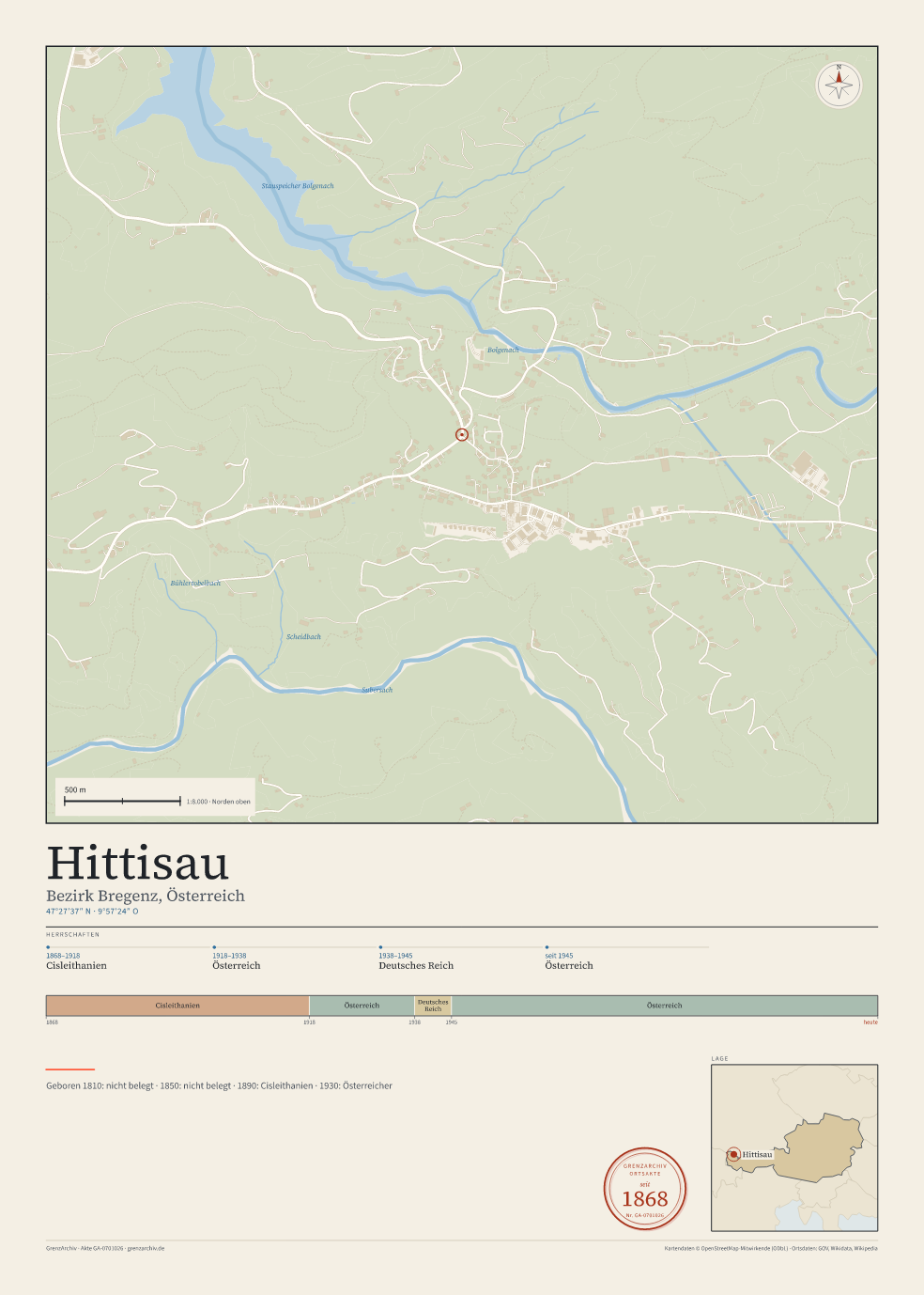 Vorschau des Kartenblatts von Hittisau: oben der Stadtplan, unten Ortsname, Koordinaten und die Herrschaften des Ortes