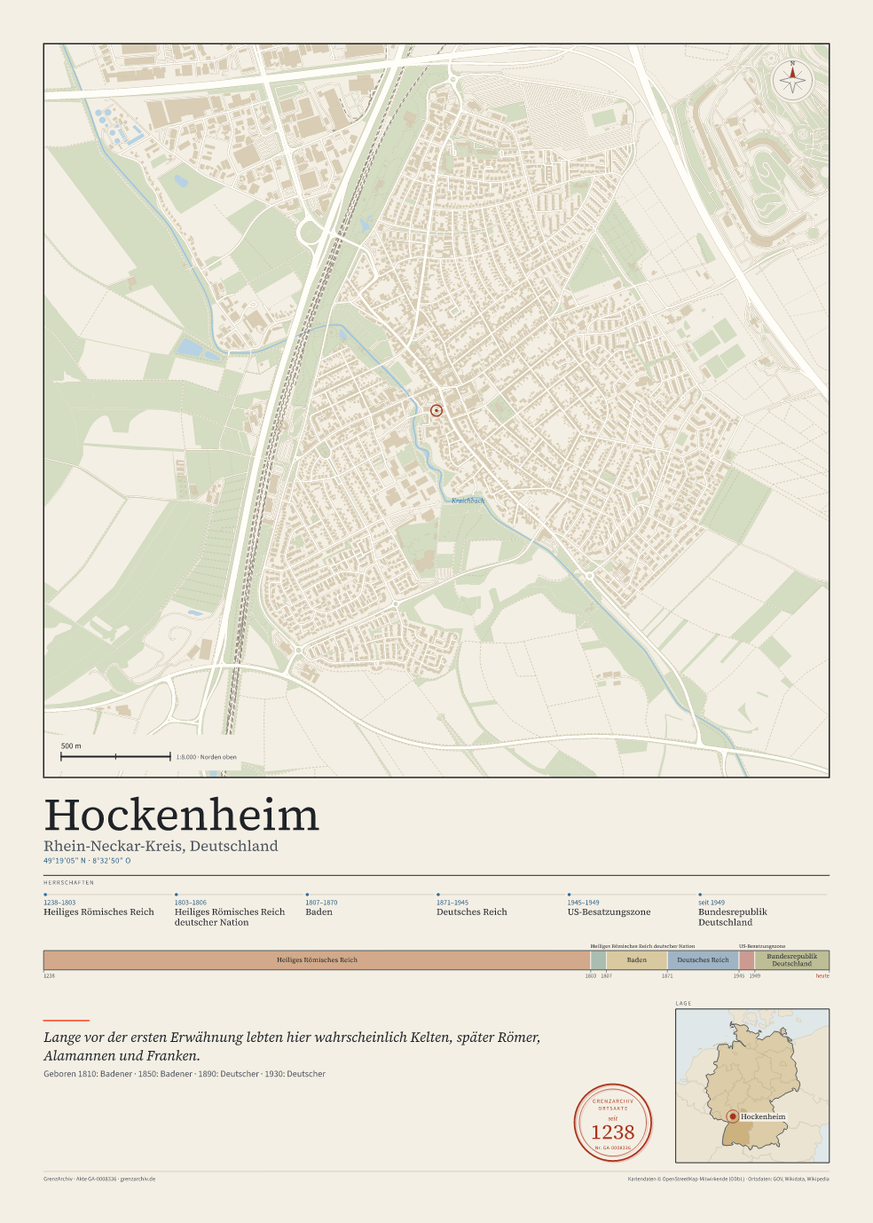 Vorschau des Kartenblatts von Hockenheim: oben der Stadtplan, unten Ortsname, Koordinaten und die Herrschaften des Ortes