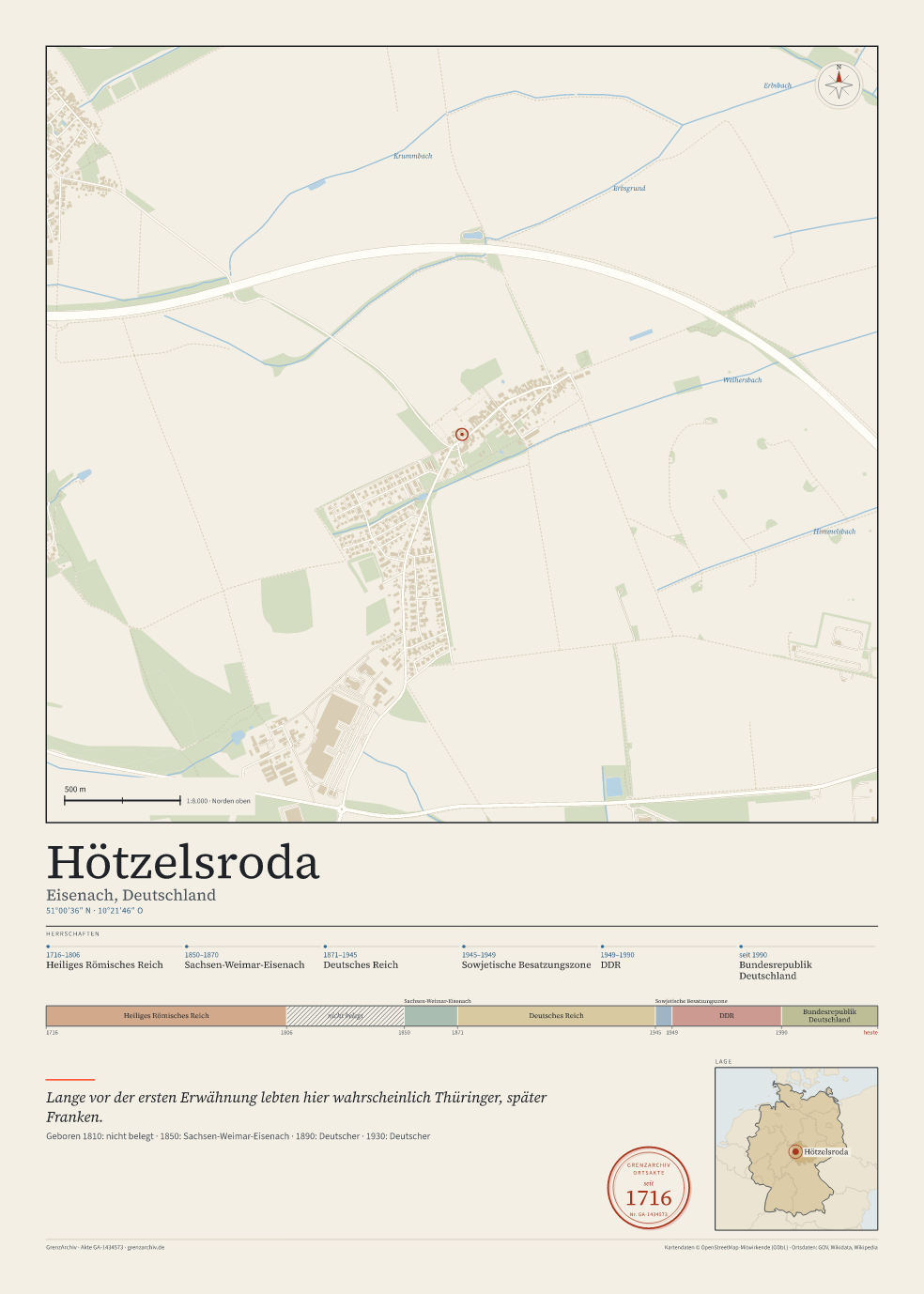 Vorschau des Kartenblatts von Hötzelsroda: oben der Stadtplan, unten Ortsname, Koordinaten und die Herrschaften des Ortes