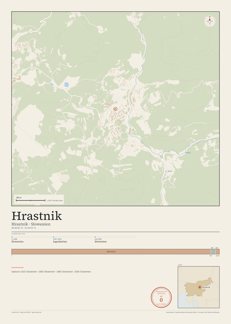 Vorschau des Kartenblatts von Hrastnik: oben der Stadtplan, unten Ortsname, Koordinaten und die Herrschaften des Ortes