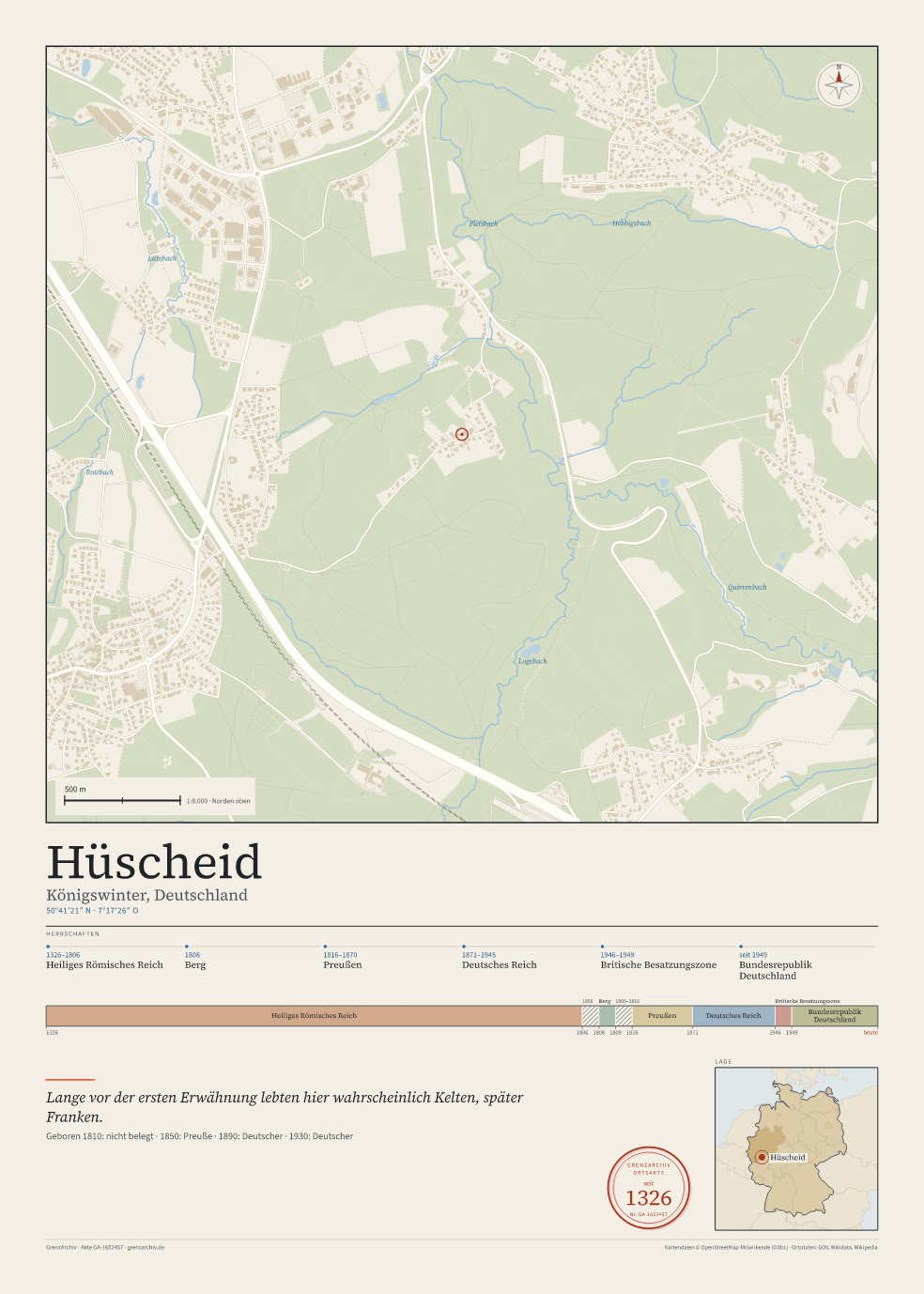 Vorschau des Kartenblatts von Hüscheid: oben der Stadtplan, unten Ortsname, Koordinaten und die Herrschaften des Ortes