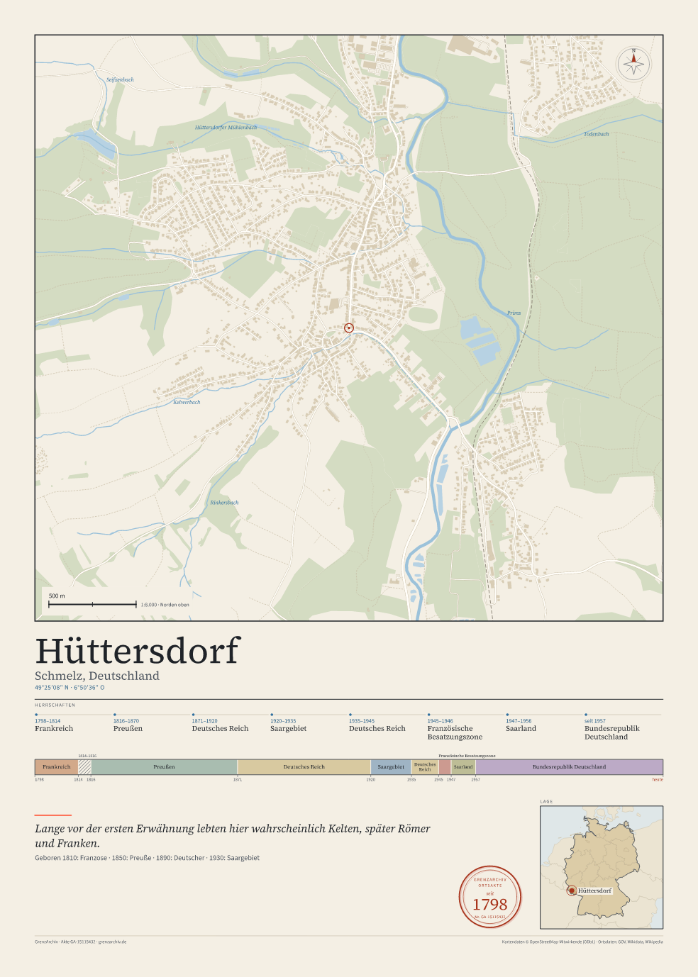 Vorschau des Kartenblatts von Hüttersdorf: oben der Stadtplan, unten Ortsname, Koordinaten und die Herrschaften des Ortes