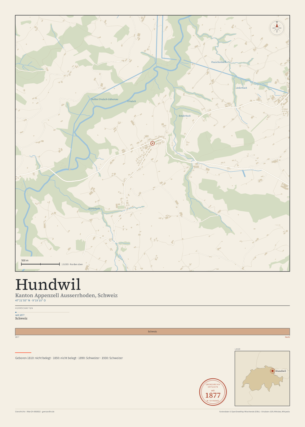 Vorschau des Kartenblatts von Hundwil: oben der Stadtplan, unten Ortsname, Koordinaten und die Herrschaften des Ortes