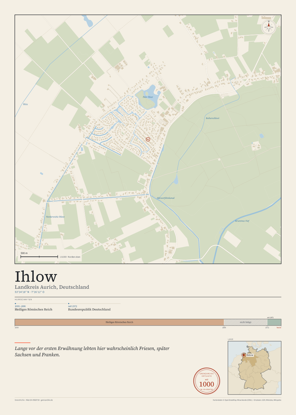 Vorschau des Kartenblatts von Ihlow: oben der Stadtplan, unten Ortsname, Koordinaten und die Herrschaften des Ortes