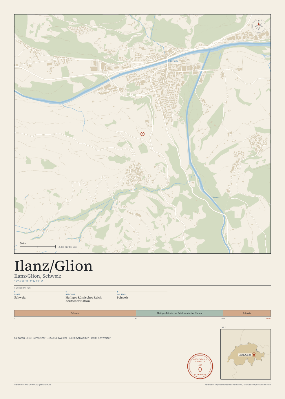 Vorschau des Kartenblatts von Ilanz/Glion: oben der Stadtplan, unten Ortsname, Koordinaten und die Herrschaften des Ortes