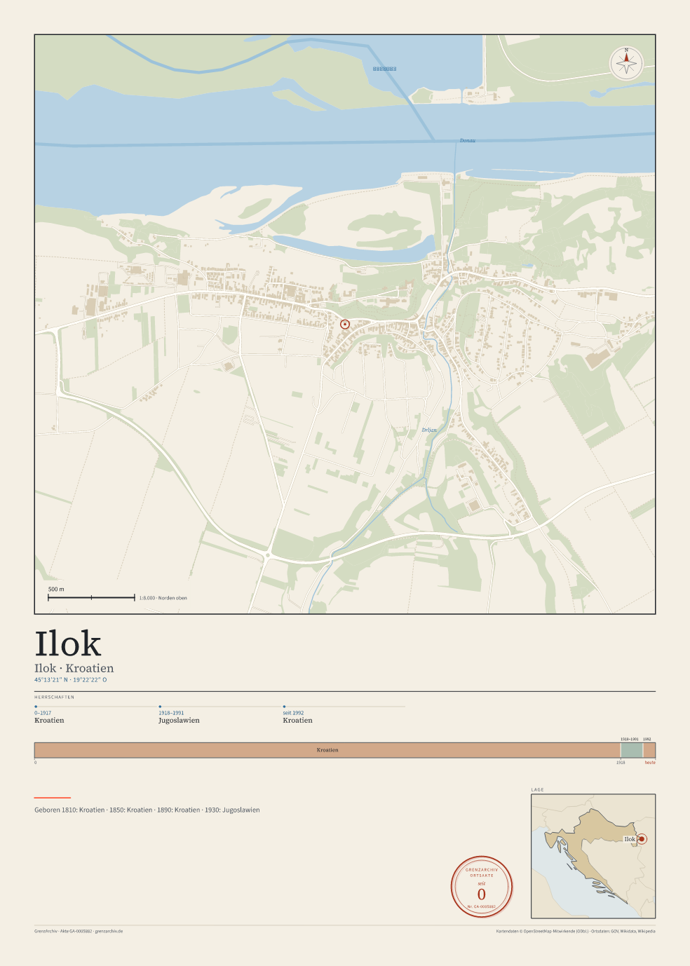 Vorschau des Kartenblatts von Ilok: oben der Stadtplan, unten Ortsname, Koordinaten und die Herrschaften des Ortes