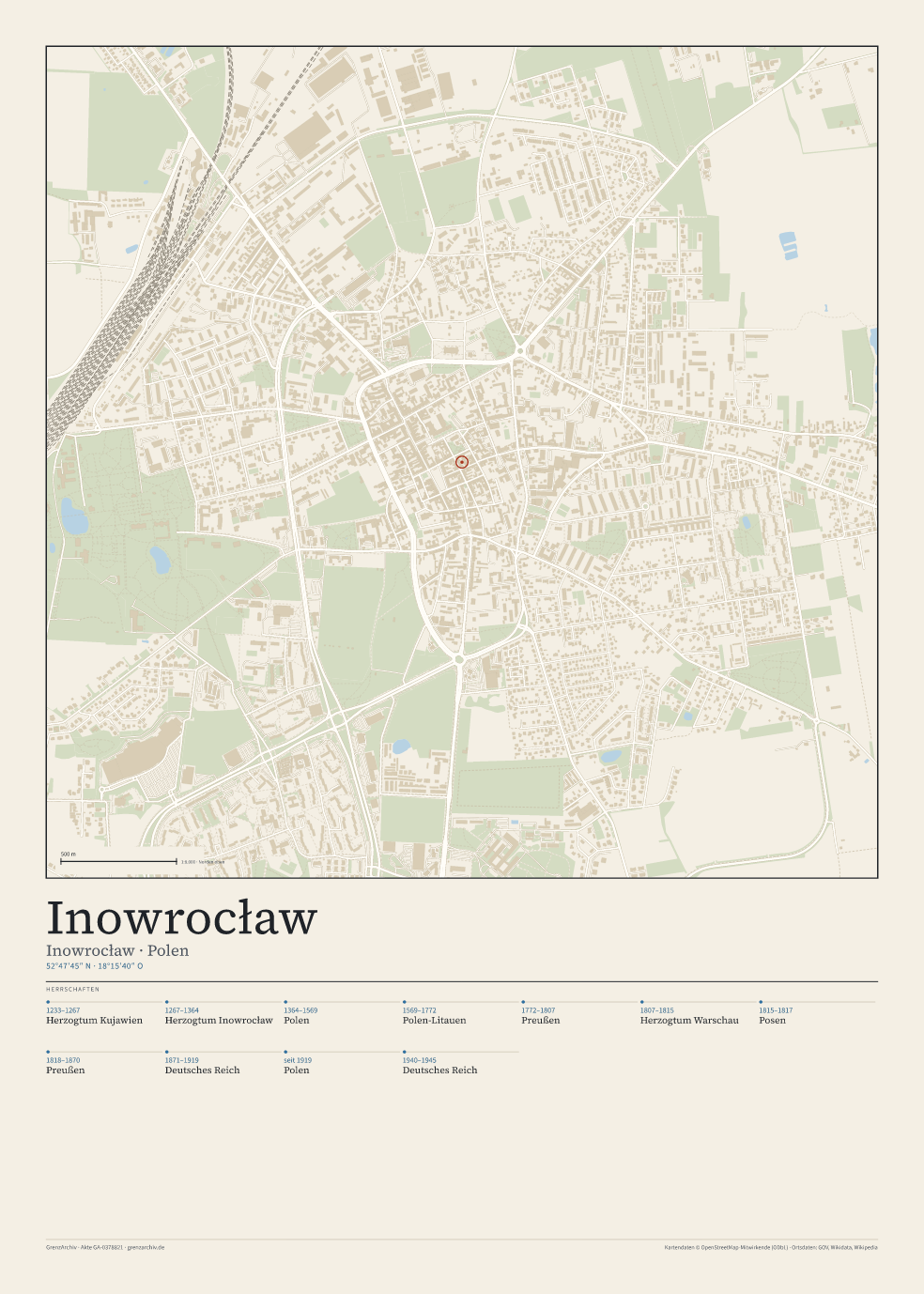 Vorschau des Kartenblatts von Inowrocław: oben der Stadtplan, unten Ortsname, Koordinaten und die Herrschaften des Ortes