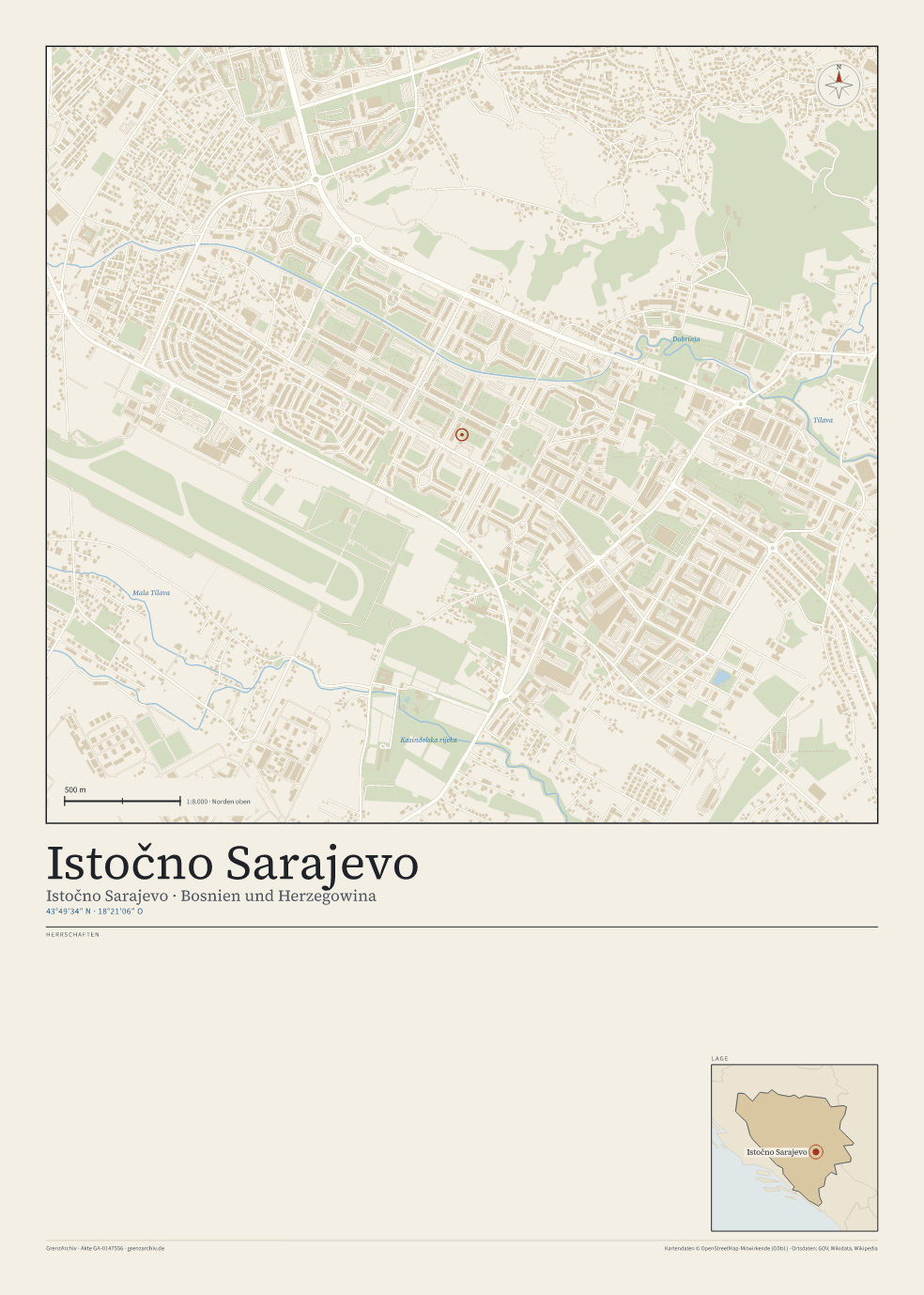 Vorschau des Kartenblatts von Istočno Sarajevo: oben der Stadtplan, unten Ortsname, Koordinaten und die Herrschaften des Ortes