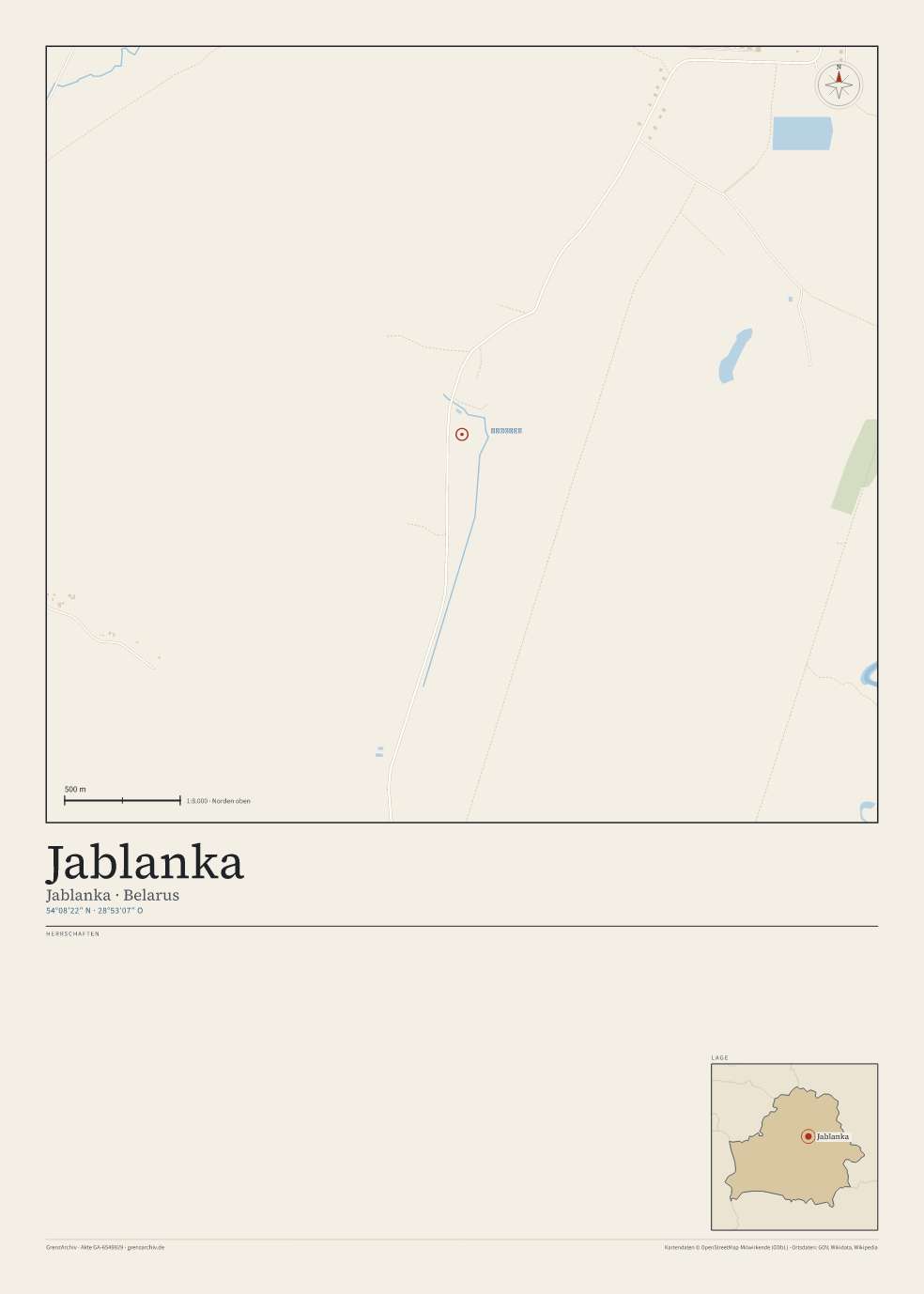 Vorschau des Kartenblatts von Jablanka: oben der Stadtplan, unten Ortsname, Koordinaten und die Herrschaften des Ortes