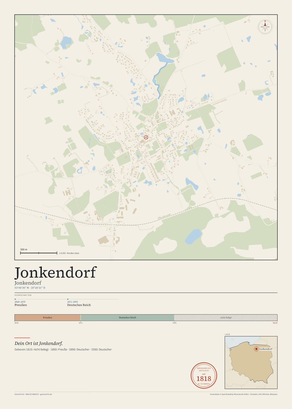 Vorschau des Kartenblatts von Jonkendorf: oben der Stadtplan, unten Ortsname, Koordinaten und die Herrschaften des Ortes