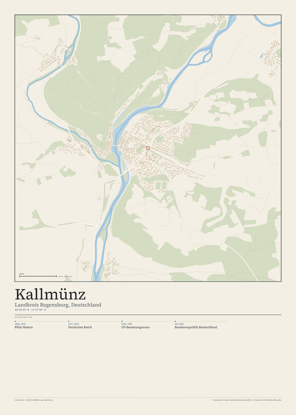 Vorschau des Stadtplan-Posters von Kallmünz: oben der Stadtplan, unten Ortsname, Koordinaten und die Herrschaften des Ortes