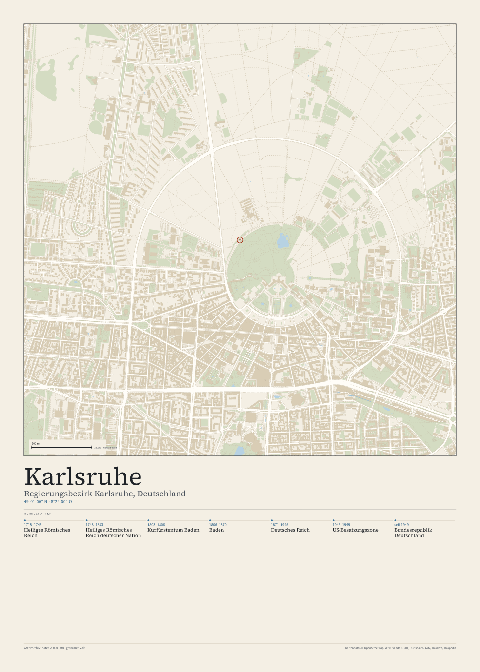 Vorschau des Stadtplan-Posters von Karlsruhe: oben der Stadtplan, unten Ortsname, Koordinaten und die Herrschaften des Ortes
