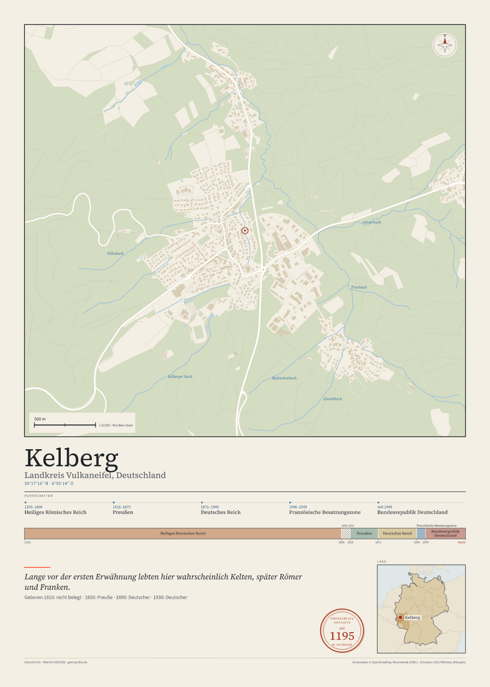 Vorschau des Kartenblatts von Kelberg: oben der Stadtplan, unten Ortsname, Koordinaten und die Herrschaften des Ortes