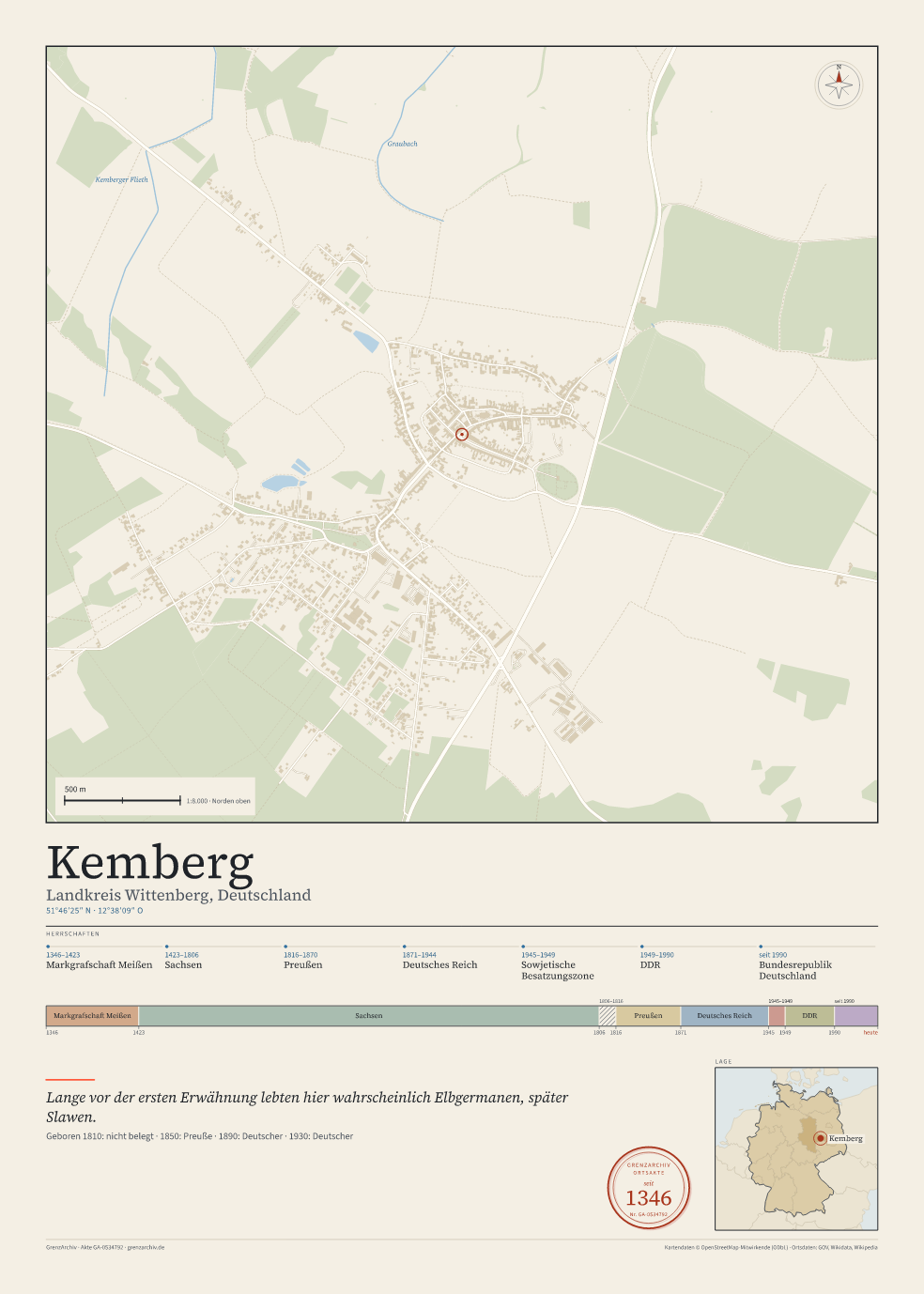 Vorschau des Kartenblatts von Kemberg: oben der Stadtplan, unten Ortsname, Koordinaten und die Herrschaften des Ortes