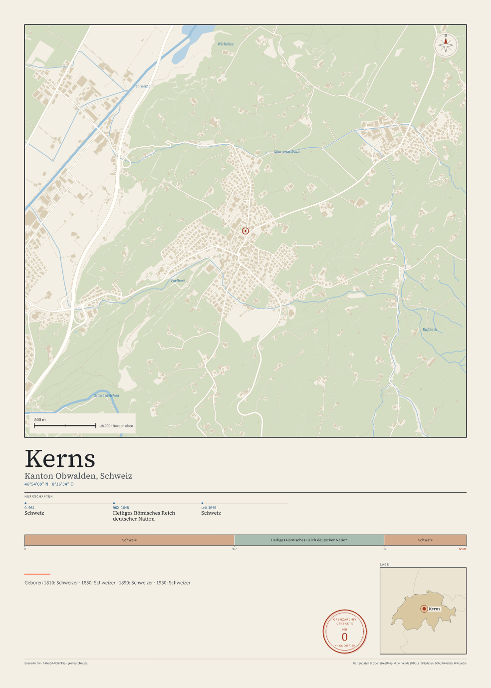Vorschau des Kartenblatts von Kerns: oben der Stadtplan, unten Ortsname, Koordinaten und die Herrschaften des Ortes