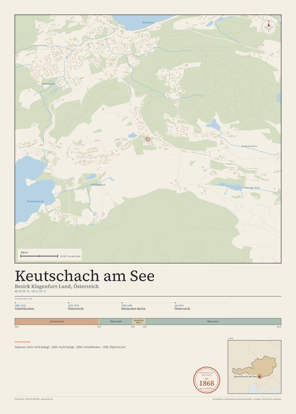 Vorschau des Kartenblatts von Keutschach am See: oben der Stadtplan, unten Ortsname, Koordinaten und die Herrschaften des Ortes