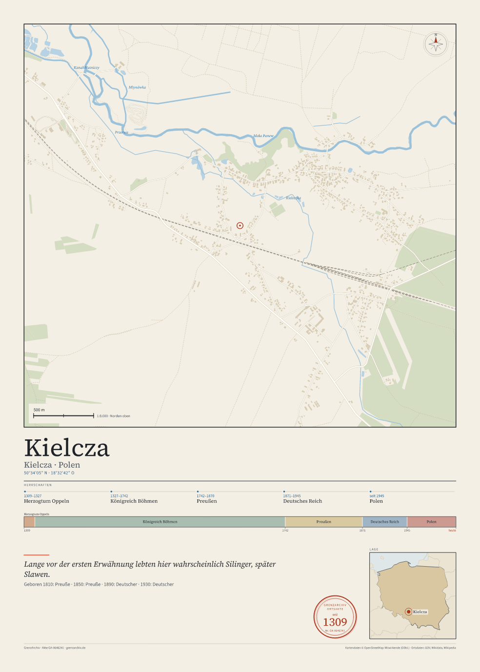 Vorschau des Kartenblatts von Kielcza: oben der Stadtplan, unten Ortsname, Koordinaten und die Herrschaften des Ortes