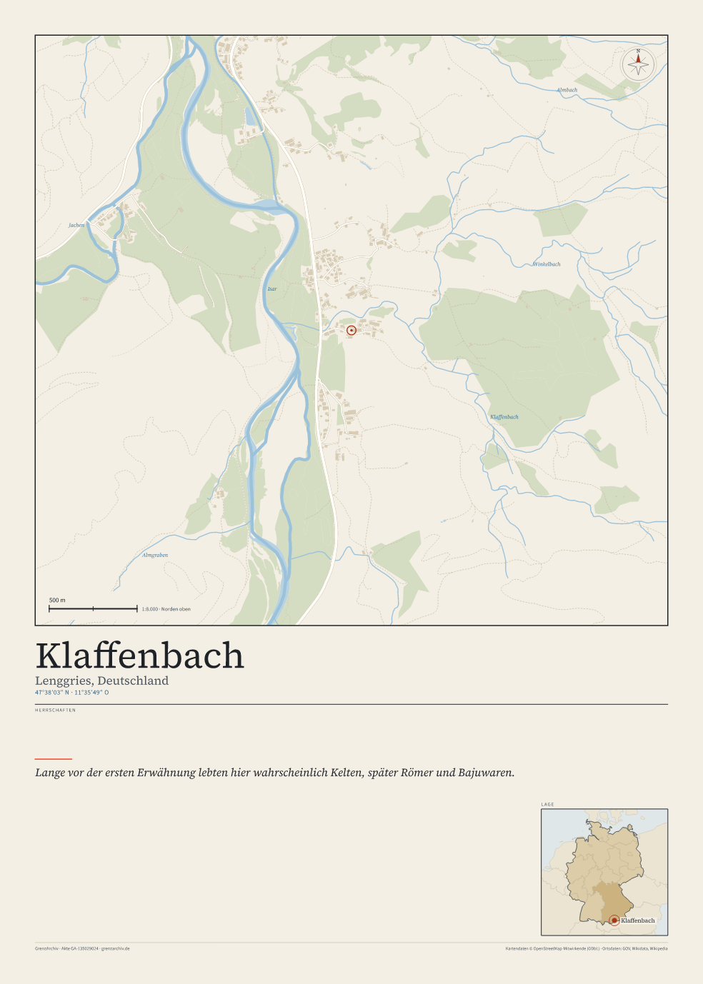 Vorschau des Kartenblatts von Klaffenbach: oben der Stadtplan, unten Ortsname, Koordinaten und die Herrschaften des Ortes