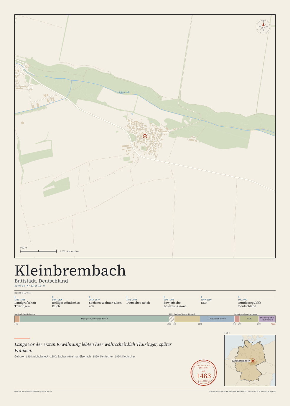 Vorschau des Kartenblatts von Kleinbrembach: oben der Stadtplan, unten Ortsname, Koordinaten und die Herrschaften des Ortes