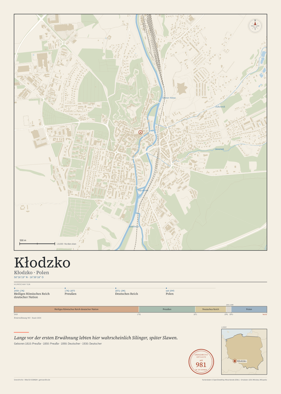Vorschau des Kartenblatts von Kłodzko: oben der Stadtplan, unten Ortsname, Koordinaten und die Herrschaften des Ortes