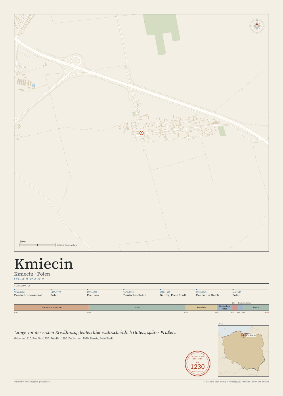 Vorschau des Kartenblatts von Kmiecin: oben der Stadtplan, unten Ortsname, Koordinaten und die Herrschaften des Ortes